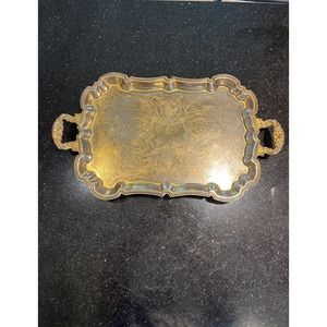 Vintage Gold Plate Butler Tray Relief Embossed Four Ornate Feet 23x13x2 Inches
